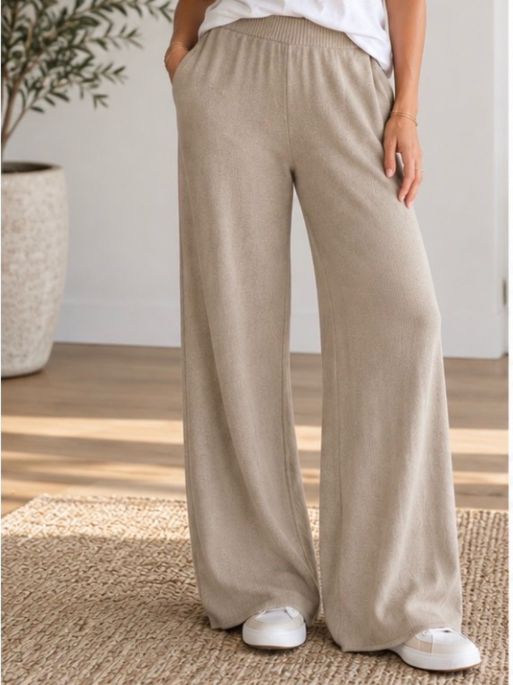 Mother denim cream zesty hover beige wide leg knit pants fall cozy retail 260 M